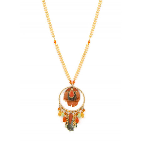 Elegant crystal and feather sautoir necklace| Orange