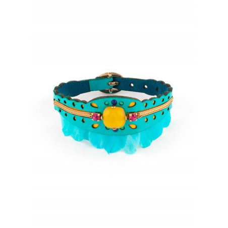 Bohemian leather openwork and feather gold metal bracelet|turquoise