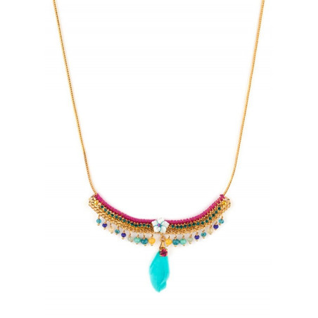Trendy gold metal and feather breastplate necklace | turquoise