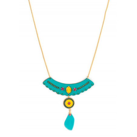Fashionable gold metal, leather and feather breastplate necklace | turquoise
