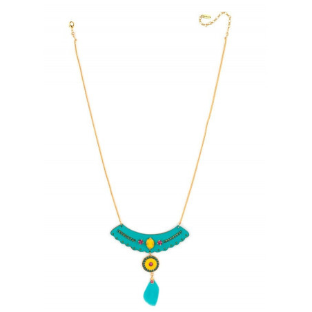 Fashionable gold metal, leather and feather breastplate necklace | turquoise67393