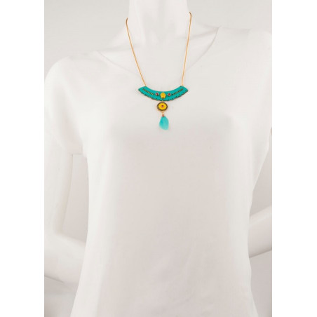 Fashionable gold metal, leather and feather breastplate necklace | turquoise67394