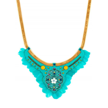 Feminine gold metal, leather and feather breastplate necklace | turquoise