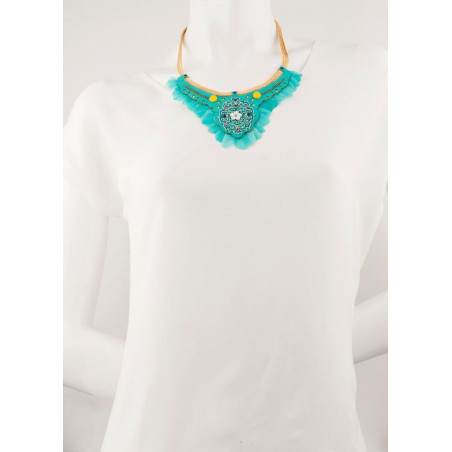 Feminine gold metal, leather and feather breastplate necklace | turquoise67405
