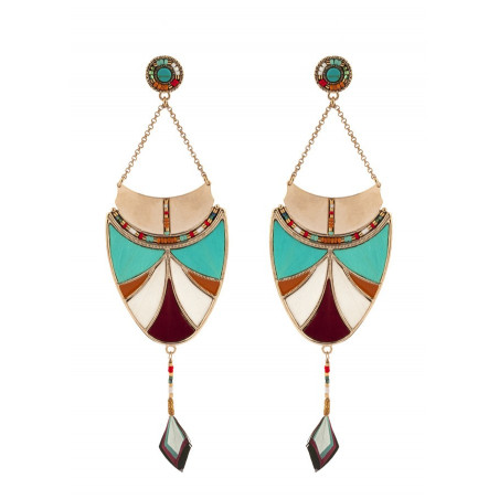 Boucles d'oreilles percées glamour plumes et pierre turquoise | multicolore