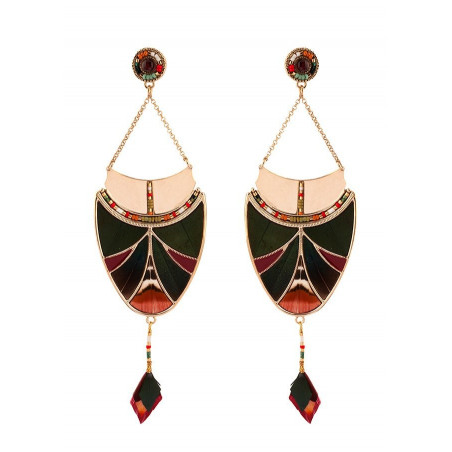 Poetic feather garnet earrings for pierced ears | khaki