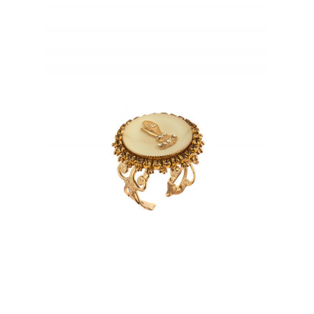 Chic rhinestone hand and crystal medallion adjustable ring | beige