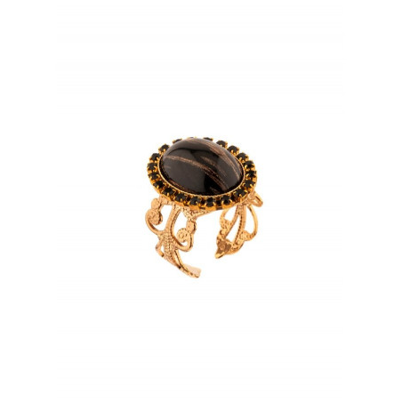 Poetic cabochon and crystal adjustable ring | black
