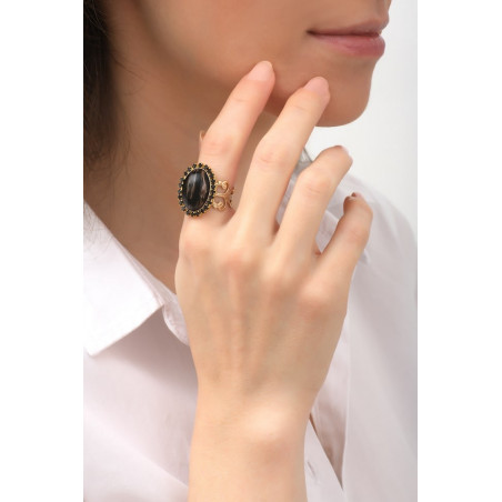 Poetic cabochon and crystal adjustable ring | black76035