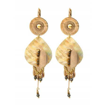 Sensual hammered metal and mother-of-pearl sleeper earrings| yellow