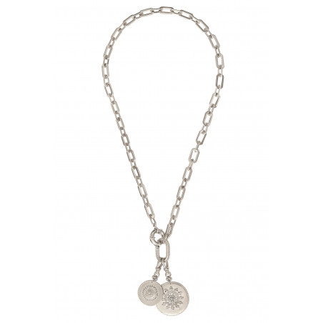 Ethnic metal medallion and Prestige crystal chain necklace - silver-plated