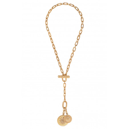 Feminine metal medallion and Prestige crystal long chain necklace | gold-plated
