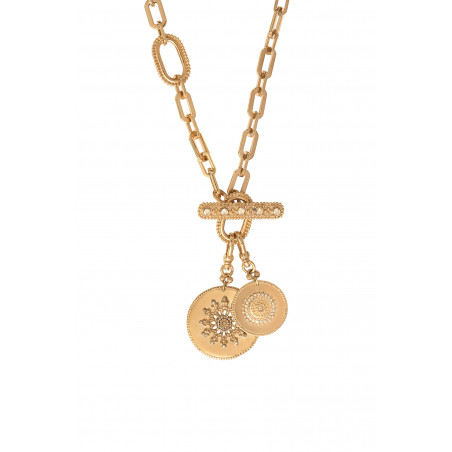 Feminine metal medallion and Prestige crystal long chain necklace | gold-plated85474