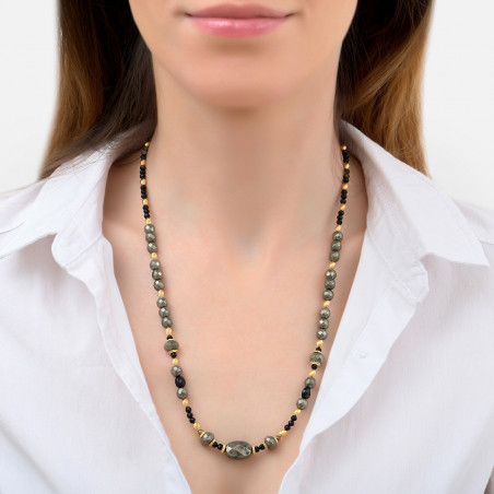Collier de perles gemmes onyx et pyrite - noir85921