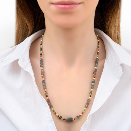 Collier de perles gemmes grenat quartz et labradorite - rouge85924