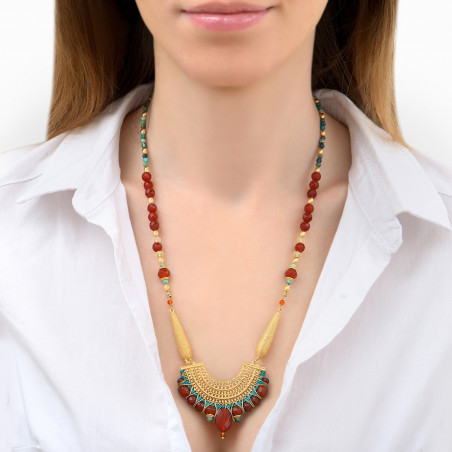 Ethnic carnelian and chrysocolla sautoir necklace | turquoise85945