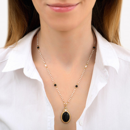 Romantic freshwater pearl and onyx chain pendant necklace I black86024
