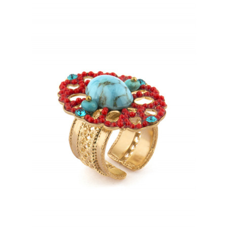 Fashion ring in golden metal and crystals | Red