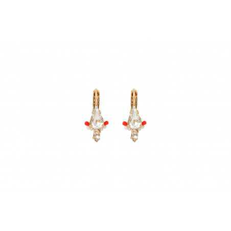 Festive lever back earrings with crystals and Japanese pearls | coral