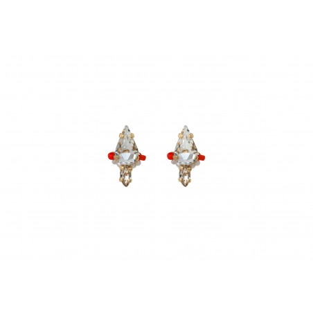 Festive stud earrings with crystals and Japanese pearls | coral