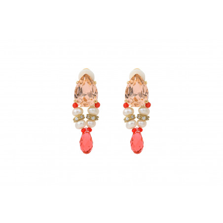 Glamorous clip earrings with crystals and river pearls | coral