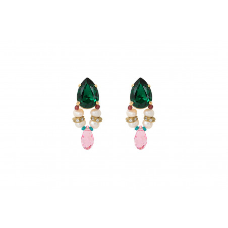 Chic garnet clip earrings with crystals and river pearls - green
