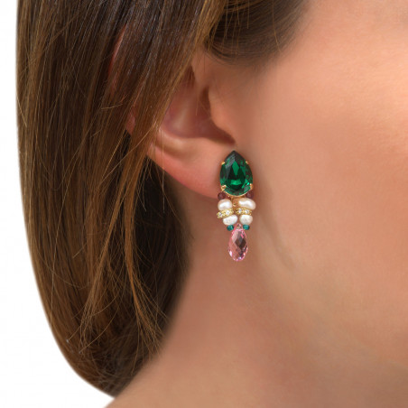 Chic garnet clip earrings with crystals and river pearls - green86261