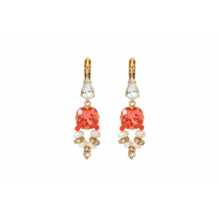 Shimmering lever back earrings with river pearls and crystals | coral