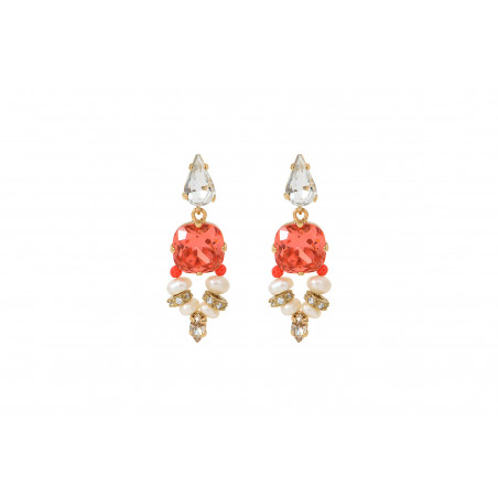 Shimmering stud earrings with river pearls and crystals | coral