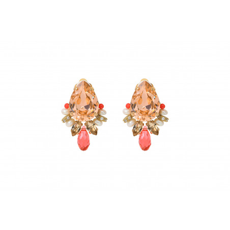 Precious clip earrings with river pearls and crystals - coral