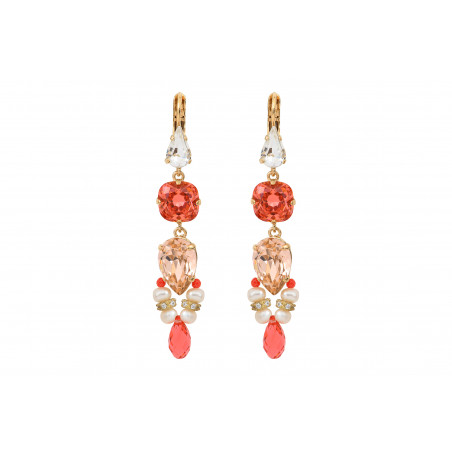 Tender lever back earrings with river pearls and crystals - coral