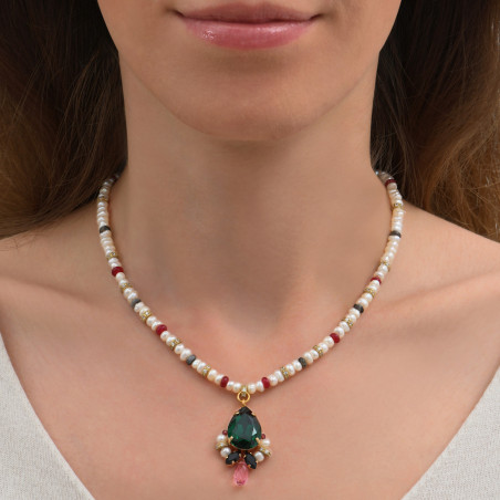 Collier pendentif baroque cristaux perles de rivière et grenats I vert86366