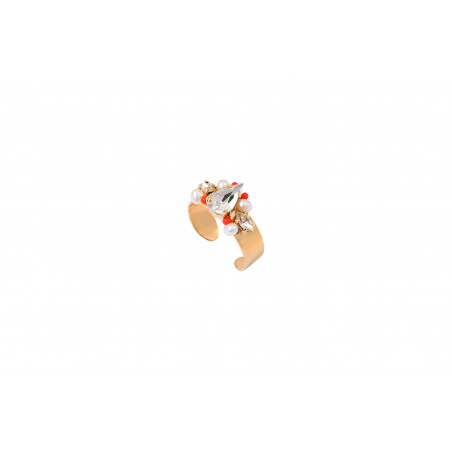 Adjustable elegant ring with crystals and river pearls - coral