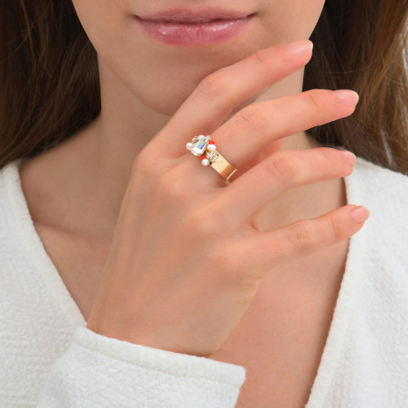 Adjustable elegant ring with crystals and river pearls - coral86373