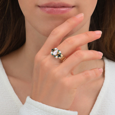 Adjustable Baroque ring with crystals and river pearls | green86375