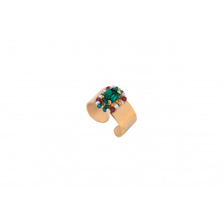 Adjustable festive ring with crystals and Japanese pearls | green