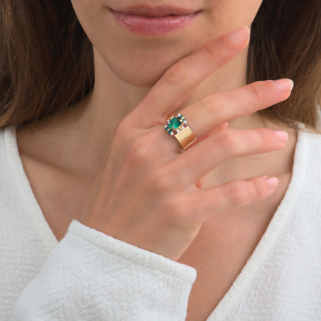 Adjustable festive ring with crystals and Japanese pearls | green86379