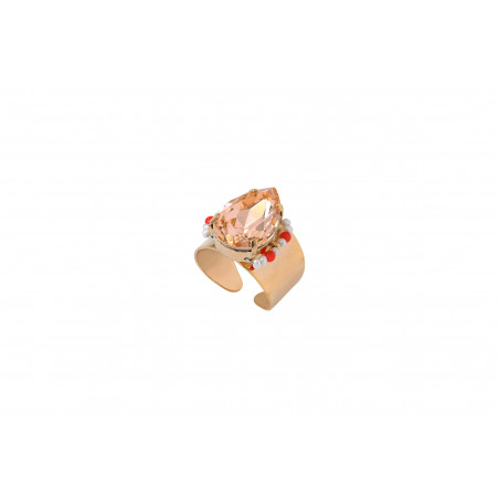 Adjustable sumptuous ring with crystals and river pearls | coral