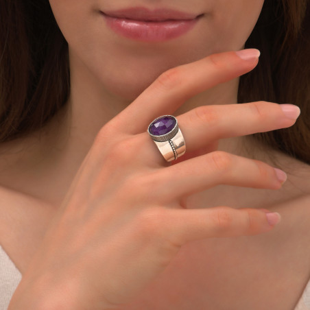 Trendy ring with amethyst and silver plating - purple86481