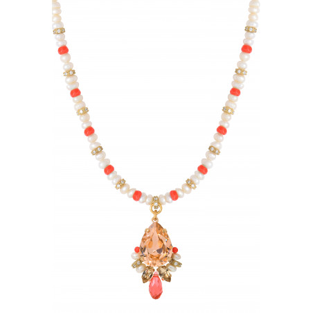 Collier pendentif sophistiqué cristaux et perles de rivière - corail