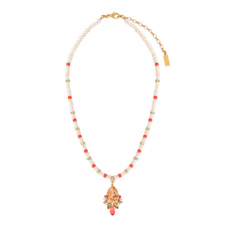 Collier pendentif sophistiqué cristaux et perles de rivière I corail86569