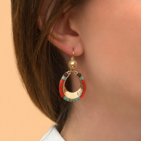 Boucles d'oreilles dormeuses solaires grenat turquoise perles du Japon I rouge87027