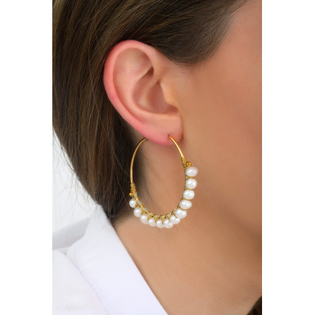 Large woven hoop earrings for pierced ears with peals - white88395