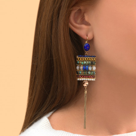 Modern gemstone metal pompom sleeper earrings l blue88853