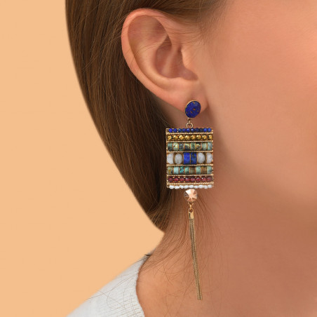 Boucles d'oreilles percées modernes pierres gemmes pompon métal I bleu88857