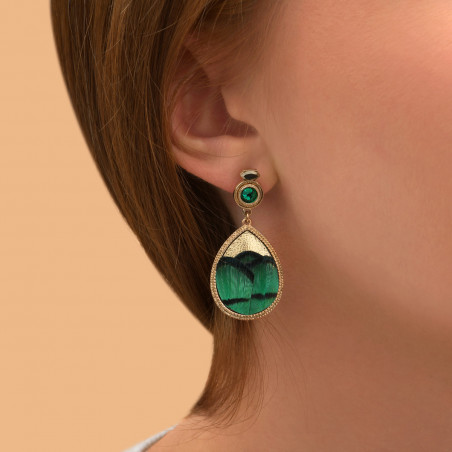 Beautiful feather and leather butterfly fastening earrings - green89295