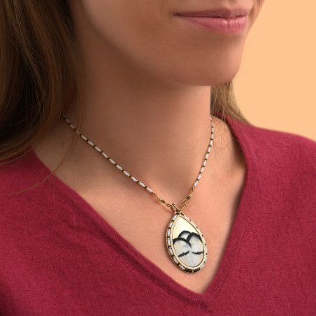 Collier pendentif femme perles du Japon plume et cuir I blanc89397