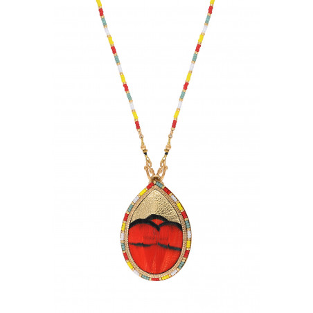 Collier pendentif perles du Japon plume et cuir - rouge