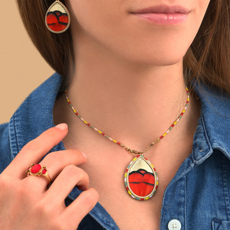 Collier pendentif perles du Japon plume et cuir - rouge89406