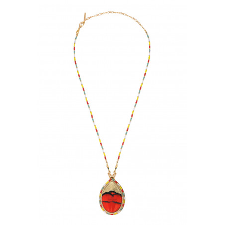 Collier pendentif perles du Japon plume et cuir - rouge89407